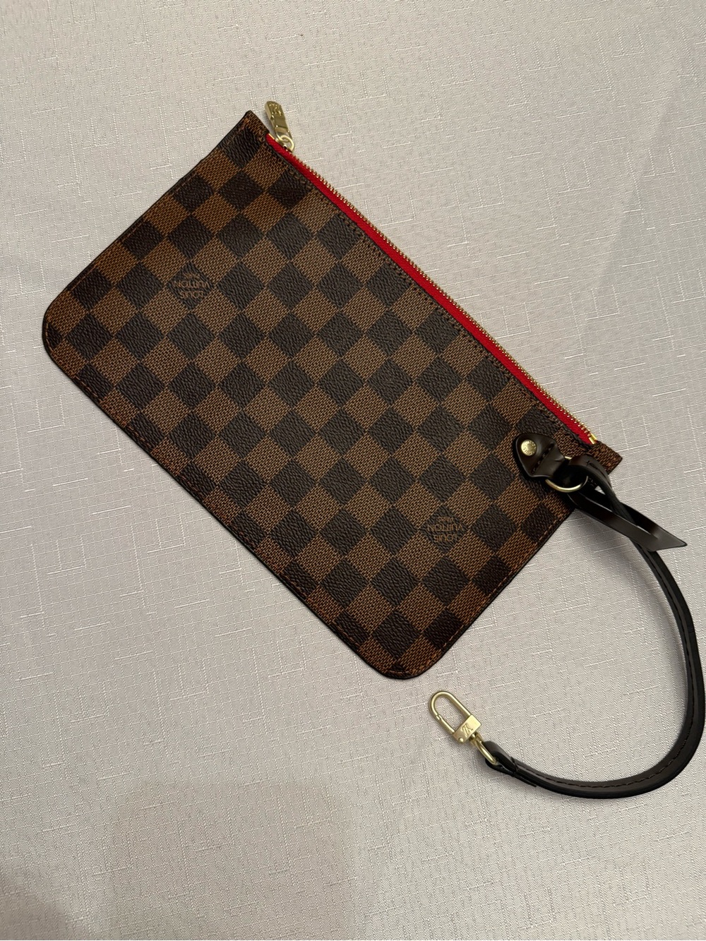 Louis Vuitton Brown Damier Ebene Canvas Wristlet with Red Zipper